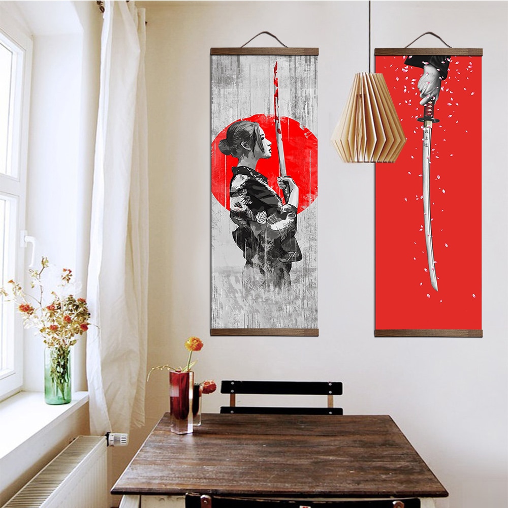 Samurai Printed Ukiyoe Style Scroll Painting for Home Decor
