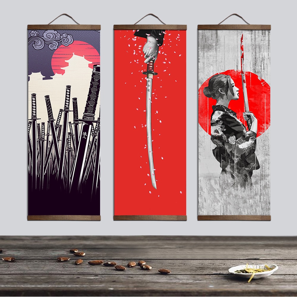 Samurai Printed Ukiyoe Style Scroll Painting for Home Decor